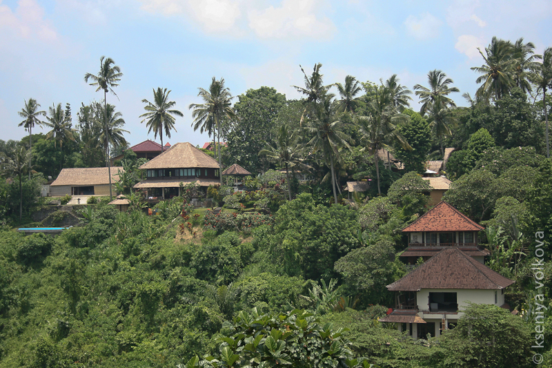 По обеим сторонам от тропы в гуще зеленых деревьев прячутся вот такие вот шикарные спа-отели. Убуд, Индонезия