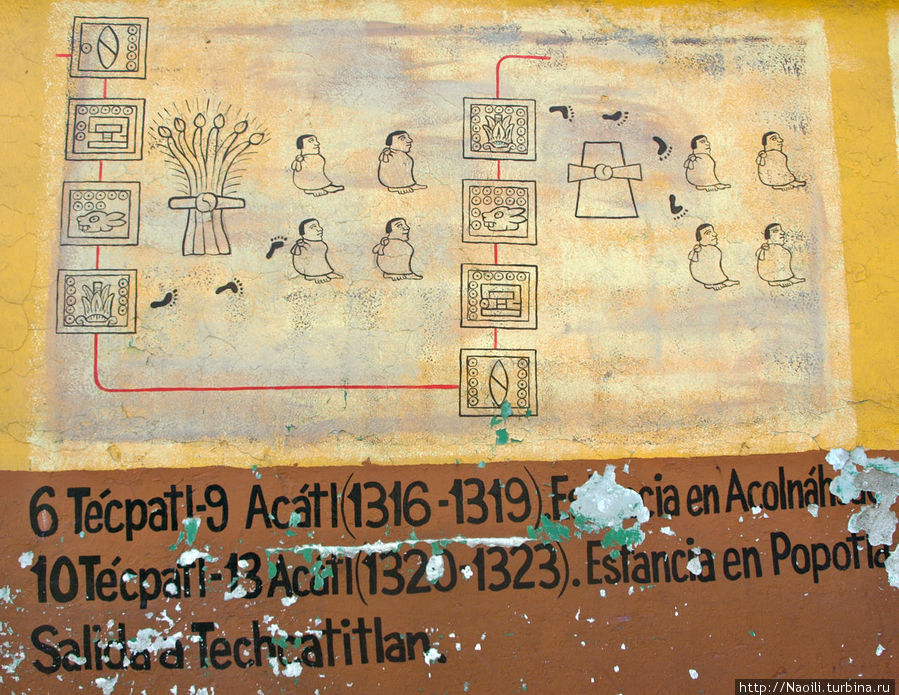 6Тепатл- 9Акатл(1316-1319) Поселение  Аколнáуак. Правление Тецоцóмока: короля Ацкапатлока. 10Тепатл- 13Акатл(1320-1323) Поселение Попотлан. Выход в Тезкатитлан Тула-де-Альенде, Мексика