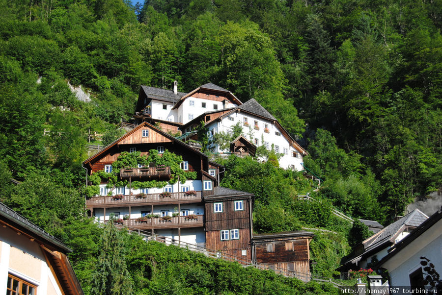 Небольшой городок на берегу озера в Альпах Хальштатт, Австрия