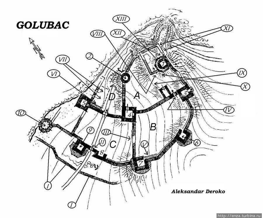 Фото из статьи в Википедии. План крепости первоначально напечатан в книге  Александра Дерока  «Средњевековни градови у Србији, Црној Гори и Македонији“, Београд, 1950/ Aleksandar Deroko, «Medieval Castles on the Danube» , Belgrade, 1964. Голубац, Сербия