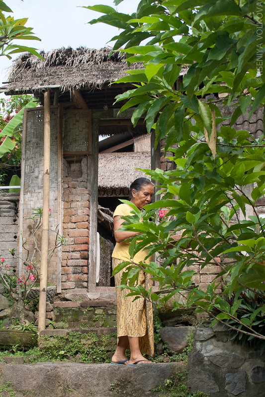 Жительница деревни выносит благовония и подношения богам. Тенганан, Индонезия