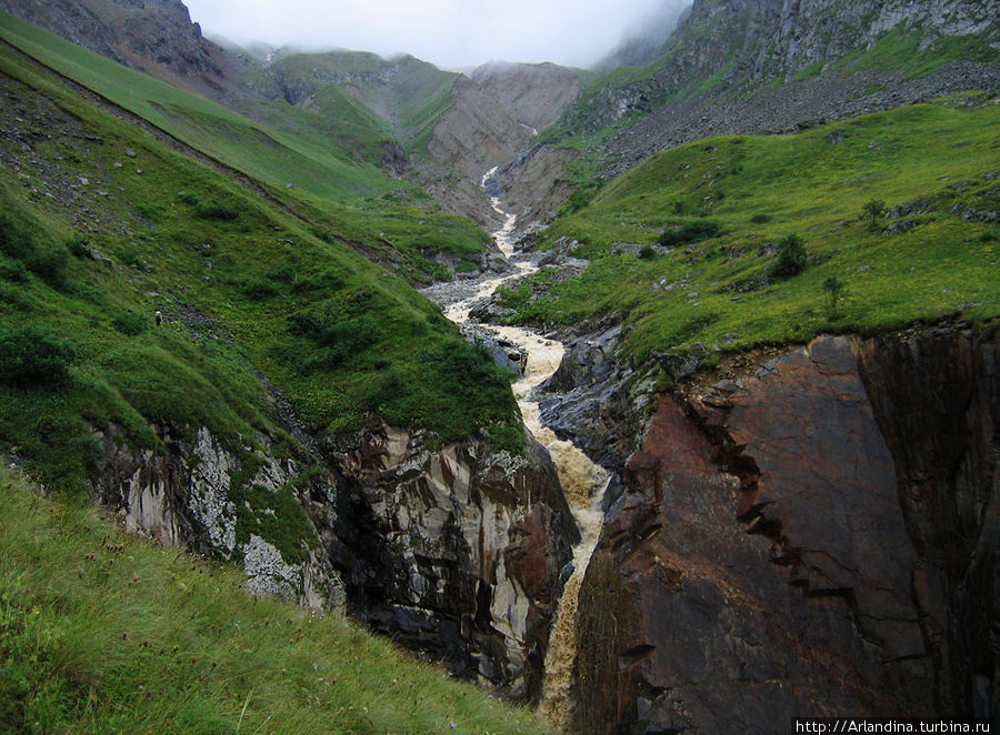 Падающая река. Слева на тропе фигурка идущего туриста. Северная Осетия-Алания, Россия