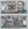 20 песо старого образца. Почти не встречаются. На обороте — монумент Хуареса в Мехико.
