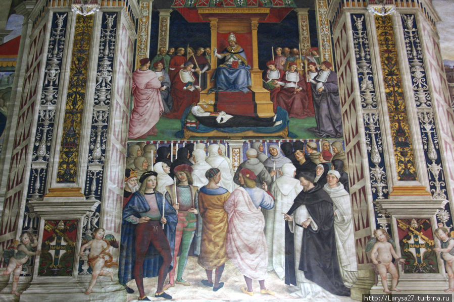 Цикл фресок о жизни и деяниях Энеа Сильвио Пикколомини, папы Пия II, в библиотеке Сиенского собора. Папа Пий II причисляет Екатерину Сиенскую к лику святых Сиена, Италия