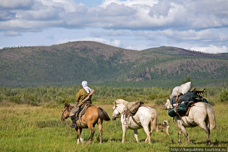 Наш небольшой караван в долине Куйдусуна. Саха (Якутия), Россия