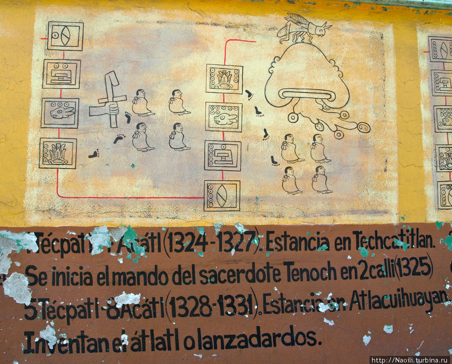 4Тепатл- 7Акатл(1324-1327) Поселение  Тезкатитлан. Послание священника Теноч в году 2 калли (1325). 5Тепатл- 8Акатл(1328-1331) Поселение Альтакуайан. Изобрели Атлатл (метательное оружие) Тула-де-Альенде, Мексика