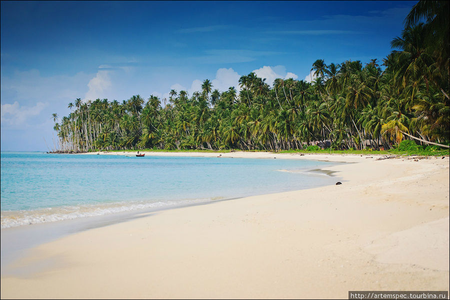 Бесконечный пляж простирается на всю окружность острова, изредка прерываясь коралловыми рифами или поваленными стволами пальм. Суматра, Индонезия