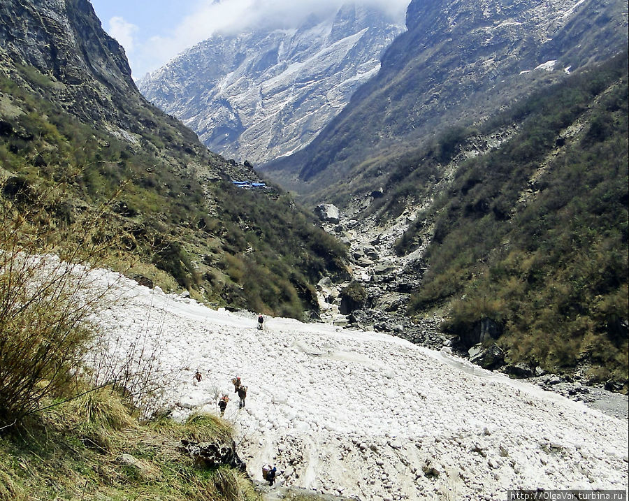 Снежная река пугала, но другого выхода, как пересечь её, у нас не было. И мы осторожно двинулись вперед...Как говорили местные жители, эта лавина свалилась с гор недели две до нас. Грохотало страшно. Но, кажется, никого не накрыло. Национальный парк Аннапурны, Непал