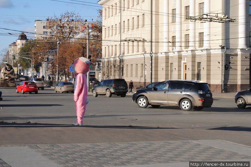 Розовый заяц вышел на площадь перед театром Камала приветствовать проезжающих водителей Казань, Россия