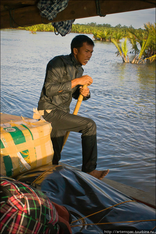 Мелкий фарватер и начавшийся отлив сыграли злую шутку с капитаном нашей лодки — едва выйдя в плавание, он усадил судно на мель среди затопленных пальмовых рощ. С мели мы снимались больше часа. Сингкил, Индонезия