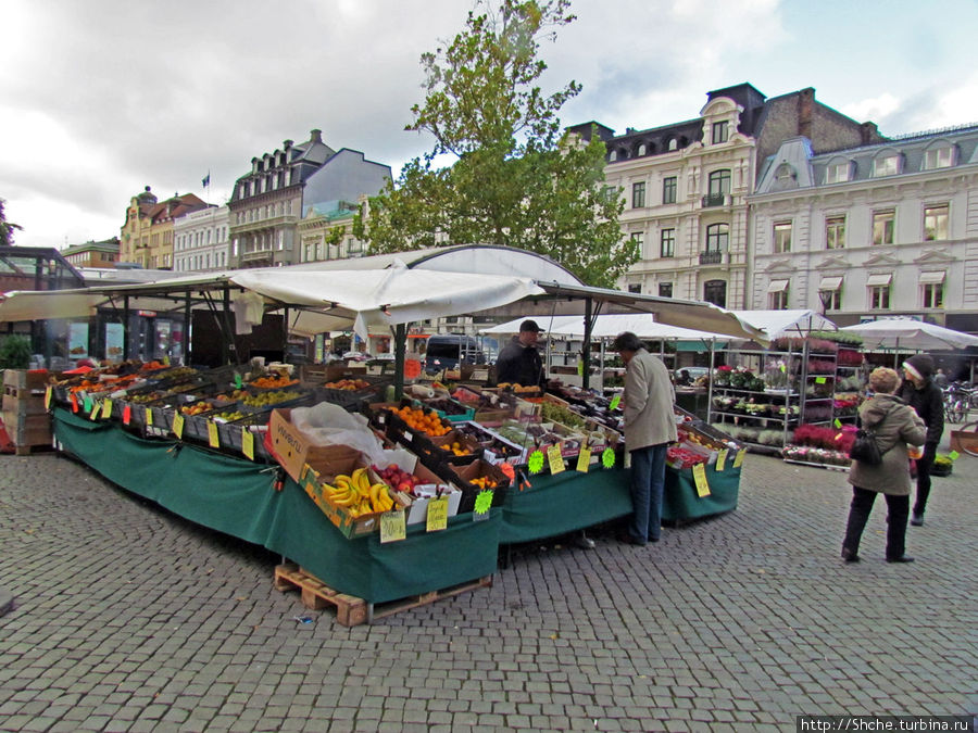 Здесь и сейчас растянулись ряды торговцев овощами и цветами Мальмё, Швеция