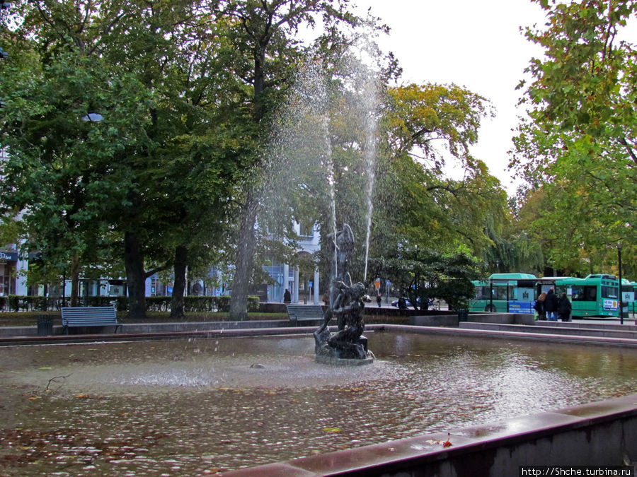 К конце площади, уже возле проезжай ее части, есть красивый фонтан Мальмё, Швеция