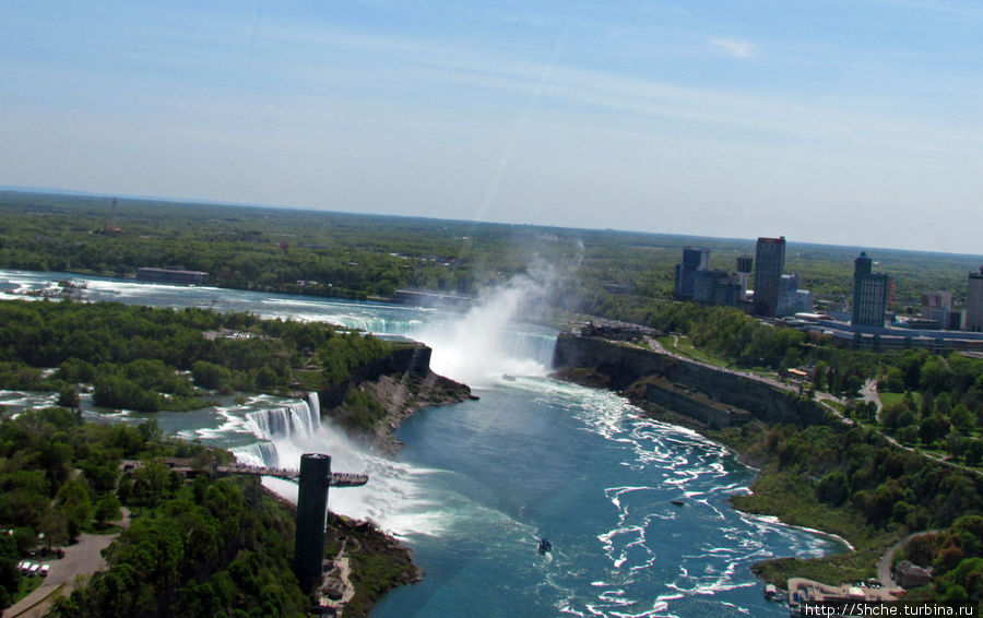 А вот и водопады. Ближе к нам слева — американский, дальше со столбом брызг — канадский Ниагара-Фоллз, CША