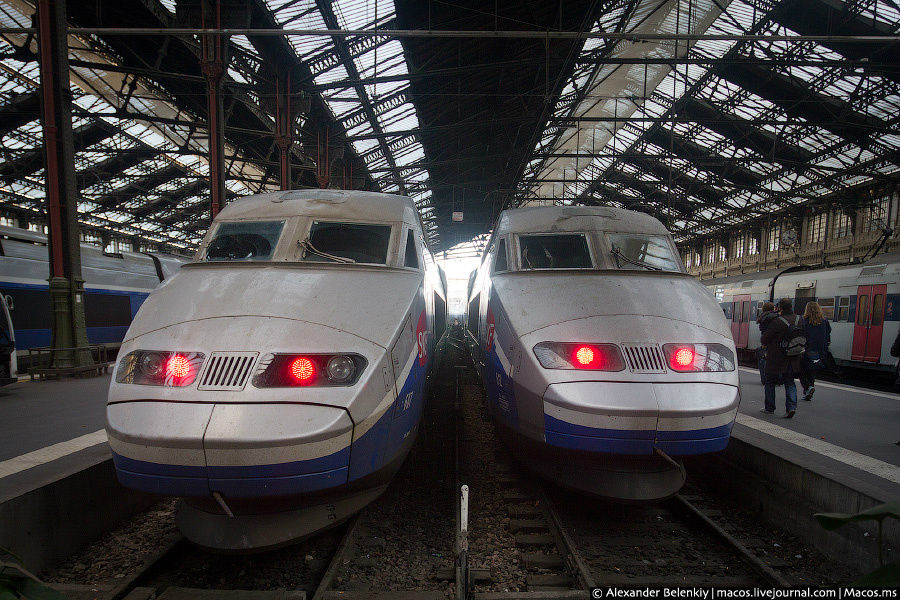 А это — совсем другие поезда. Легендарные TGV, скоростные железнодорожные короли. На таком паровозе можно добраться до другого конца страны за несколько часов, он идет со скоростью больше 200 километров в час. Париж, Франция