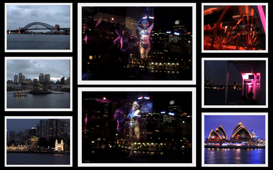 По центру два кадра это как раз снимок с видеокамеры.  Видны огни города и отображение танцовщиц. Сидней, Австралия