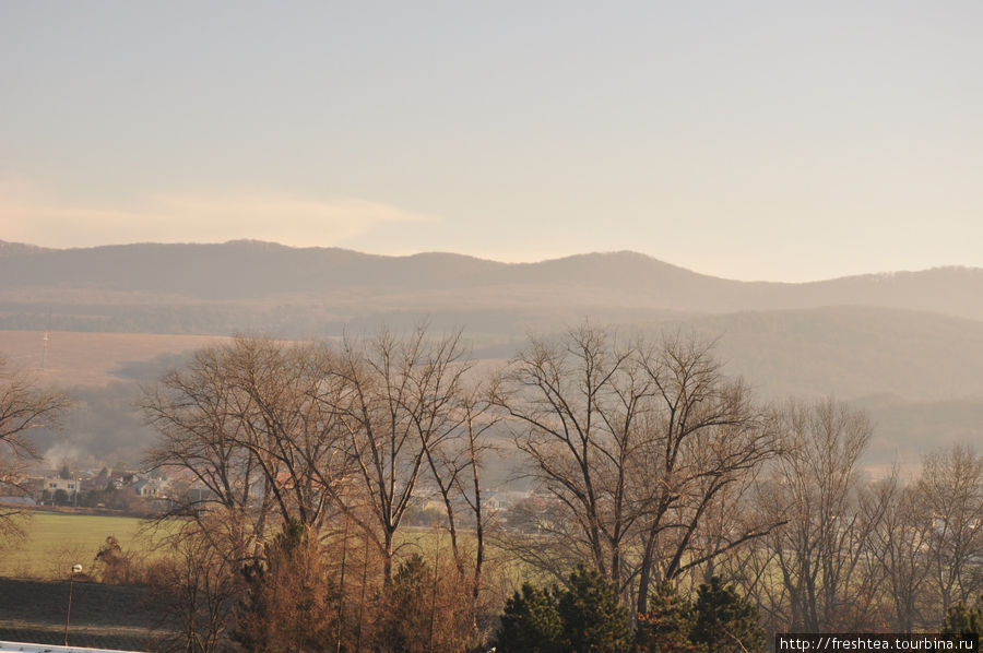 Вид из моего номера на окрестные холмы погожим утром во 2-ой половине декабря. Пьештяны, Словакия