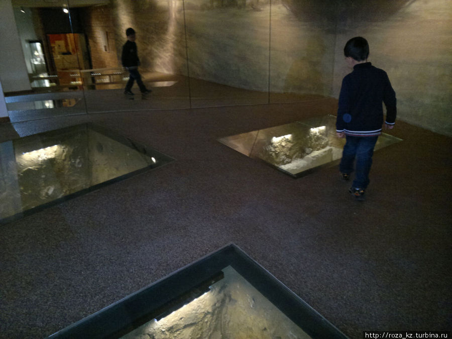 на полу под стеклом показаны разные погребения: мужчин-воинов с оружием, женщин с украшениями, пожилых людей Брюссель, Бельгия