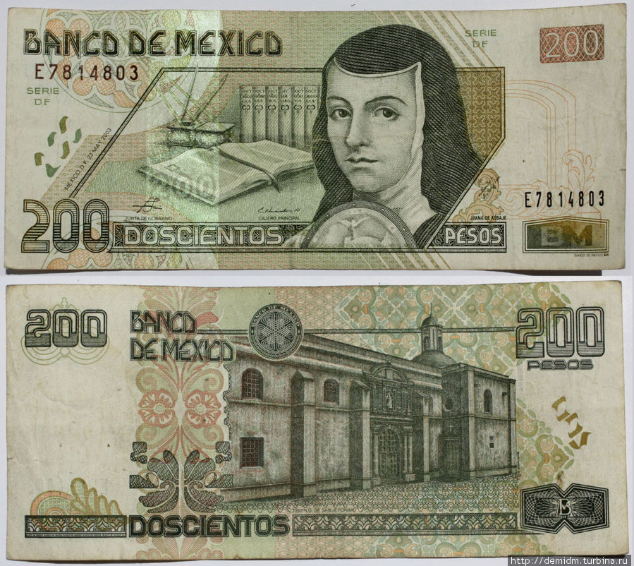 200 песо старого образца. Изображена Хуана Инес де ла Крус — монахиня, поэтесса. На обороте  — фасад монастыря Святого Иеронима, в котором она жила. Мексика