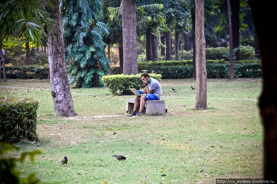 В парке в Нью-Дели очень контрастно, т.к. за его пределами шум гудков моторикш и трущобы... Дели, Индия