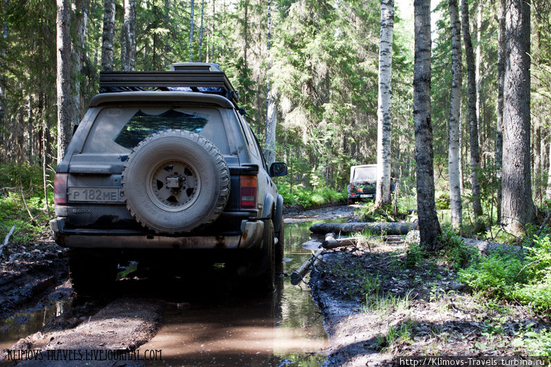 Дорога с берега сворачивает в лес и начинается offroad. Дожди не зря поливали эти места, воды много и все довольно раскисло. Онежское озеро, Россия