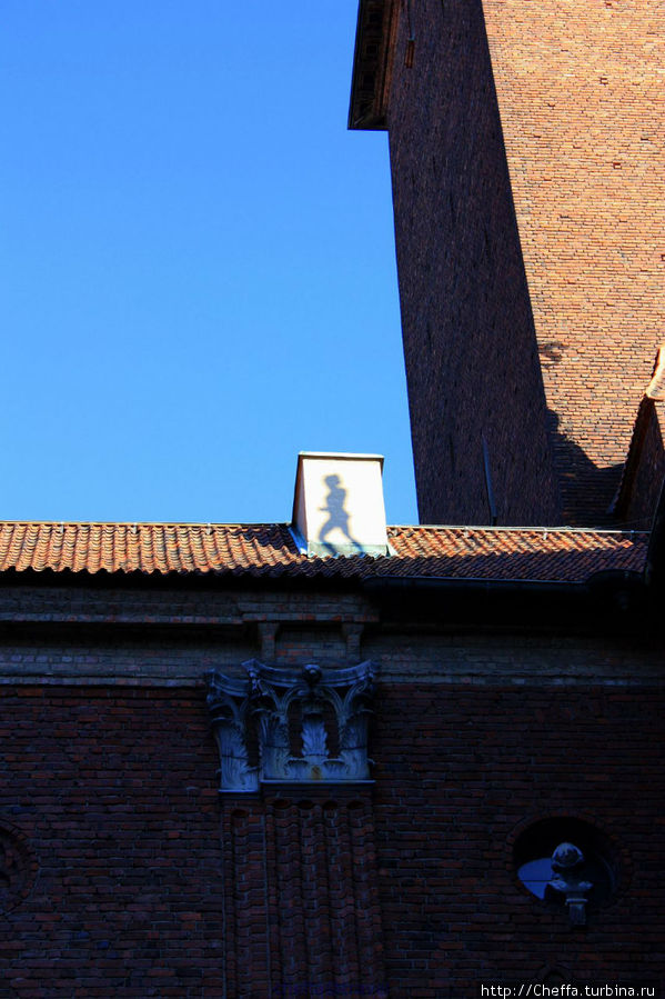 Удалось поймать на трубе тень от фигуры, стоящей на соседней крыше. Стокгольм, Швеция