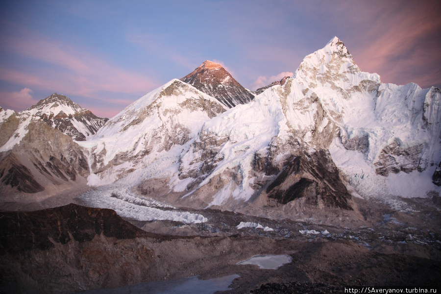 Массив Джомолунгмы и Нуптзе, ледопад и ледник Кхумбу, вид с Калапаттара Намче-Базар, Непал