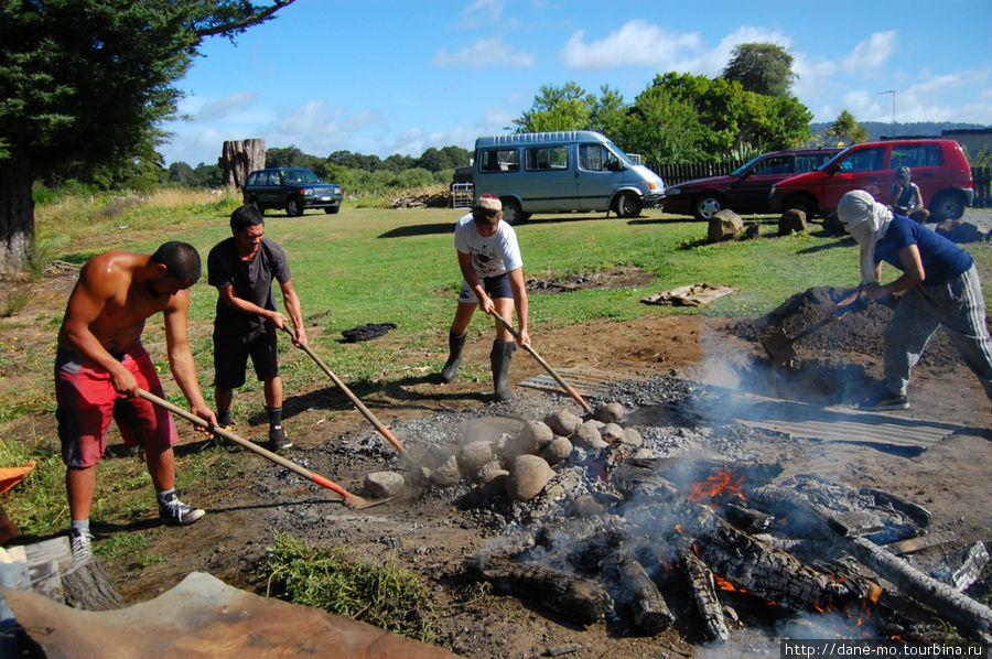 Раскаленные камни лопатами вытаскивают из костра Охакун, Новая Зеландия