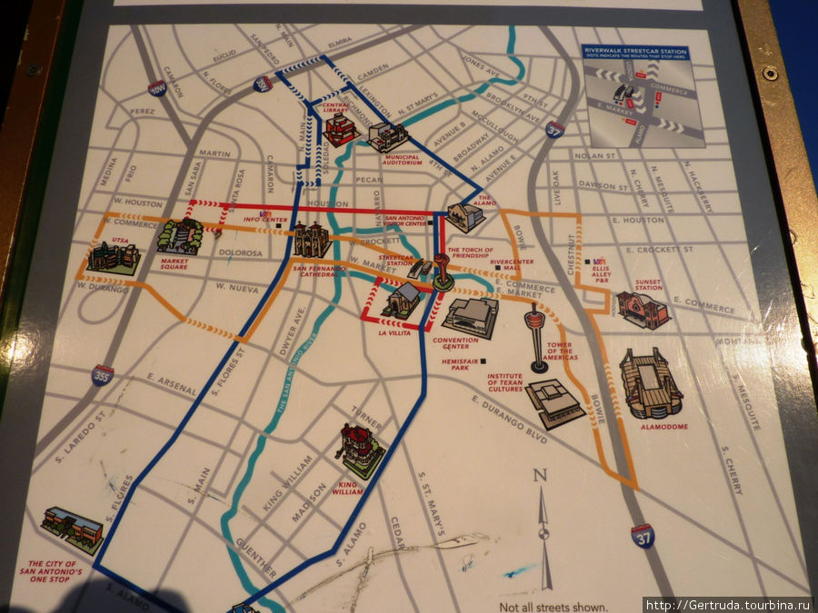 Схема красного, синего и желтого маршрутов автобусов Сан-Антонио, CША