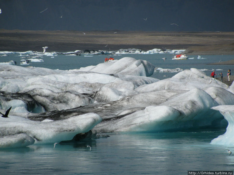 вдали видны автомобили-анфибии Йёкюльсаурлоун ледниковая лагуна, Исландия