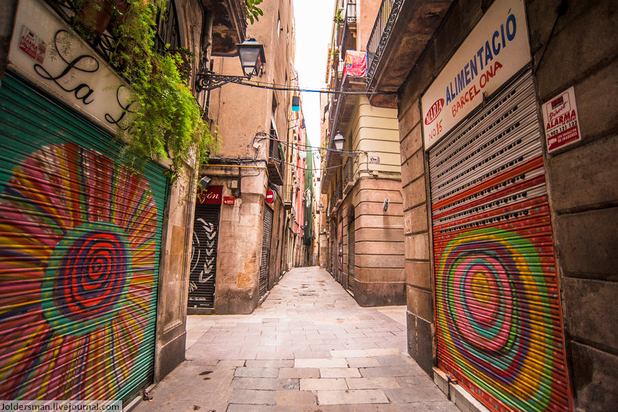 Барселонское граффити — это отдельная тема для статьи и исследования. Прошу лишь обратить внимание, что любители бомбить или самовыражаться красками на стенах города не делают этого на зданиях, а лишь на воротах и дверях. Хороший пример для подражания для граффитеров во всем мире. Уверен, что большинство владельцев магазинов не возражают против такого творчества и даже просят нарисовать что-нибудь оригинальное, а может и сами рисуют, так как многие рисунки достаточно примитивны, но встречаются и настоящие шедевры. Барселона, Испания