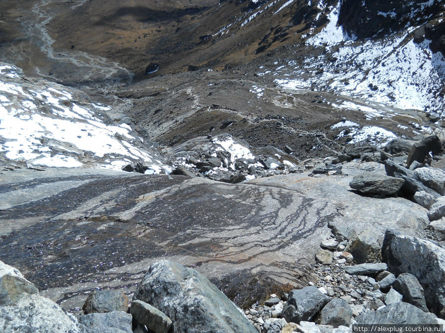 Спуск в долину поселка Дзонгла. Ранним утром все эти камни покрыты тонким слоем  льда. Скользко... Гокьо, Непал