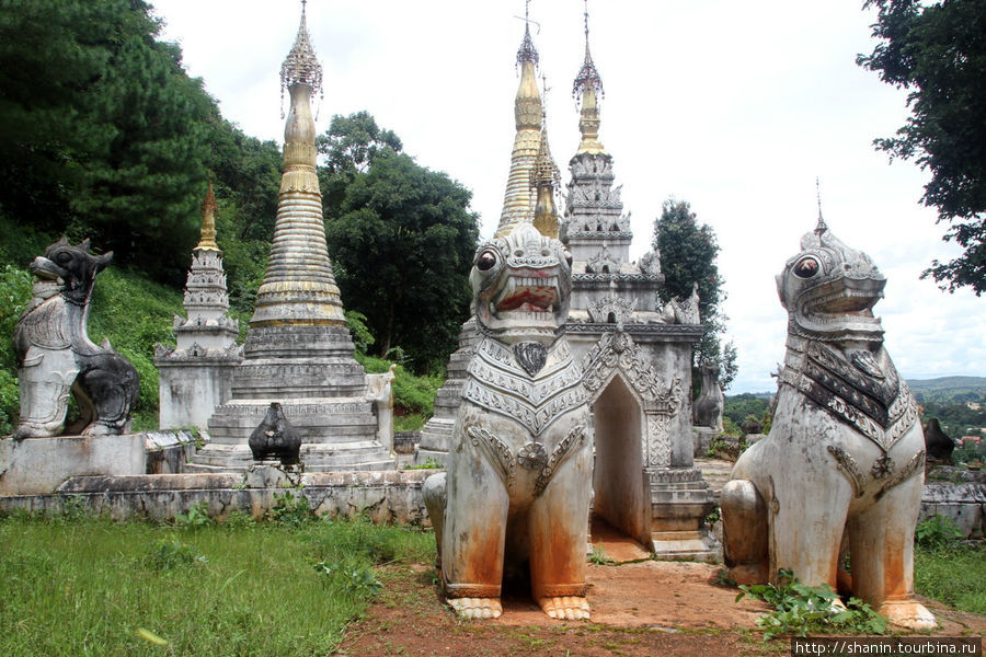 Каменные львы смотрят прямо на проходящих про лестнице паломников Пиндайя, Мьянма
