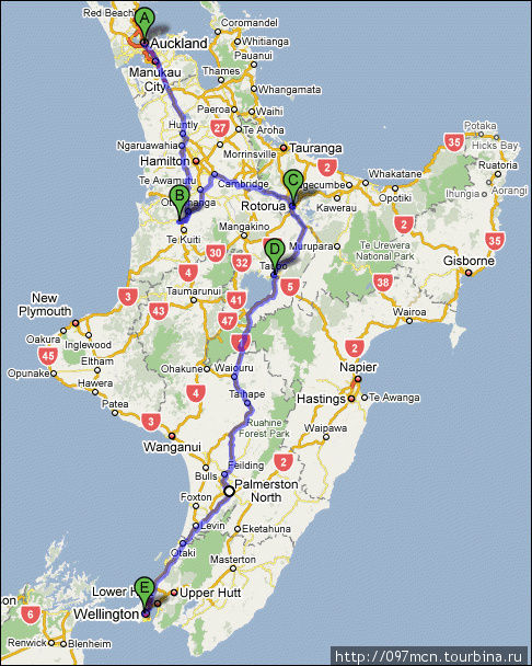 Мой маршрут по Северному острову
A — Окленд, B — Пещеры Waitomo, C — Роторуа, D — Озеро Таупо, E — Веллингтон