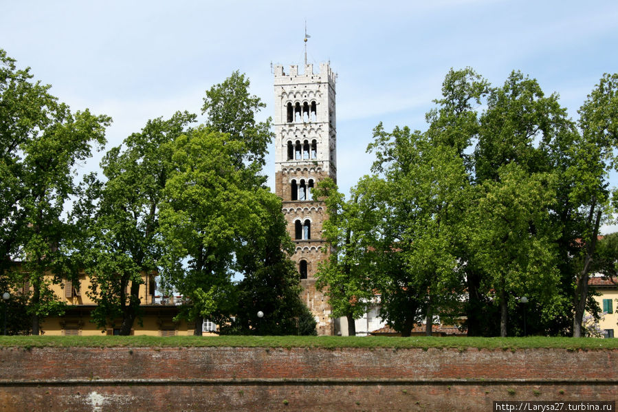За Городской Стеной видна башня Собора Св. Мартина Лукка, Италия