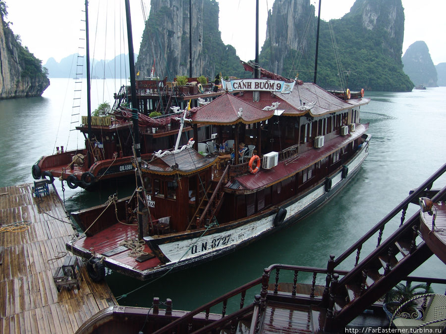 У рыбацкой деревушки столпотворение кораблей Халонг бухта, Вьетнам