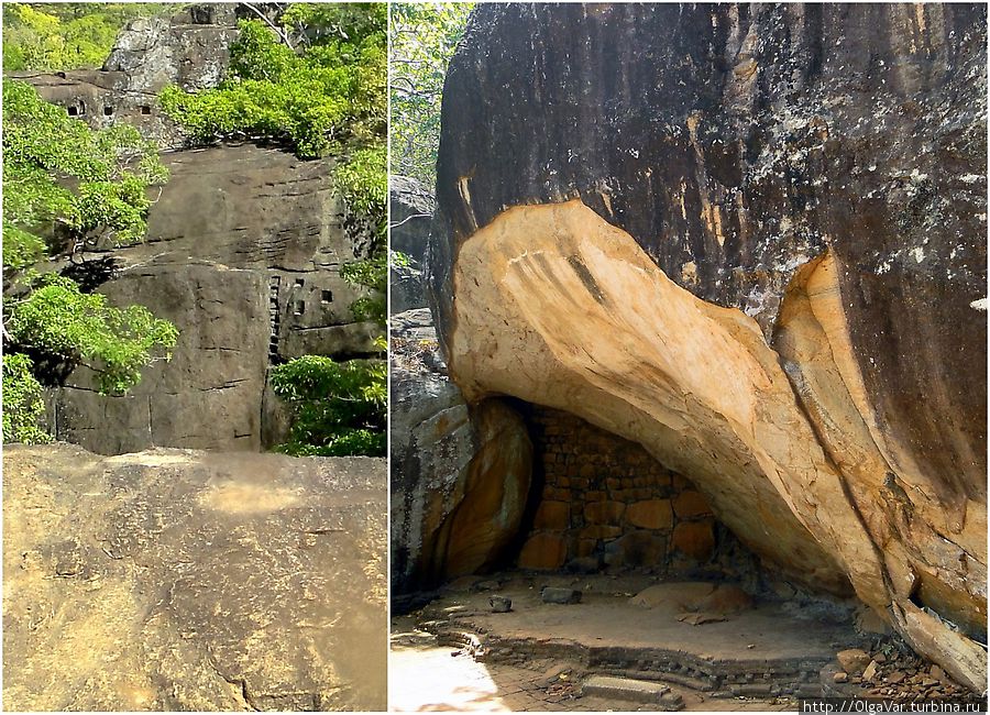 Многие камни сохранили на себе явные рукотворные следы. На камнях (фото слева) видны выдолбленные ступени и отверстия, напоминающие окошки Сигирия, Шри-Ланка