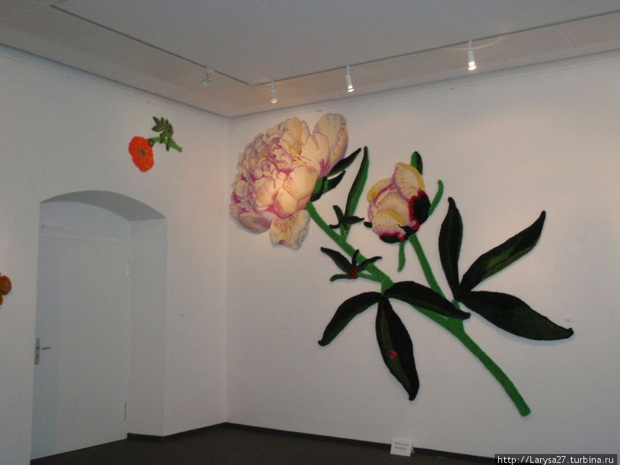 Здесь проводятся разные выставки. Это — выставка вязаных цветов. Огромные, во всю стену цветы из очень ярких тканей. Бад-Шуссенрид, Германия