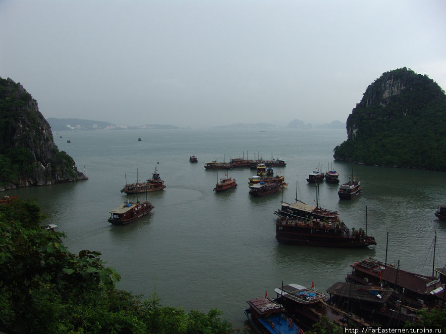 Бухта перед пещерой чудес заполнена кораблями с туристами Ха-Лонг, Вьетнам