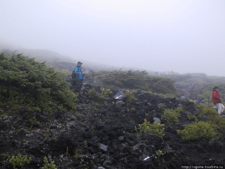 С горы спускались упакованные в куртки японцы Фудзияма (вулкан 3776м), Япония
