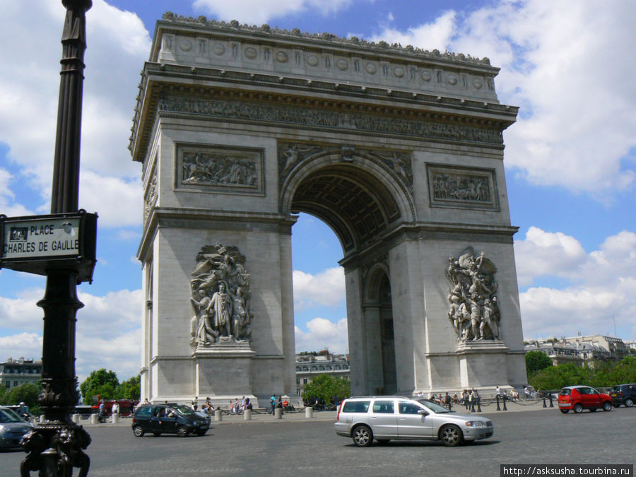 На стенах арки выгравированы названия 128 сражений, выигранных республиканской и императорской армией, а также имена 658 французских военачальников. Арку окружают сто гранитных тумб (в честь «ста дней» правления Наполеона), соединенных между собой чугунными цепями. Париж, Франция