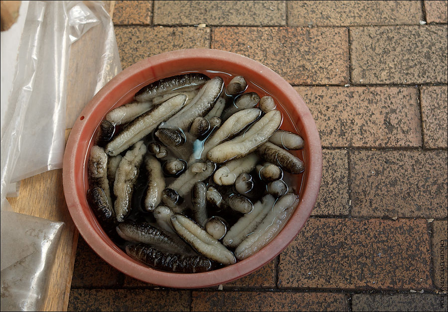 Это морские огурцы? Обычно они находятся в сушеном состоянии, но у некоторых прилавком их отмачивают Гонконг