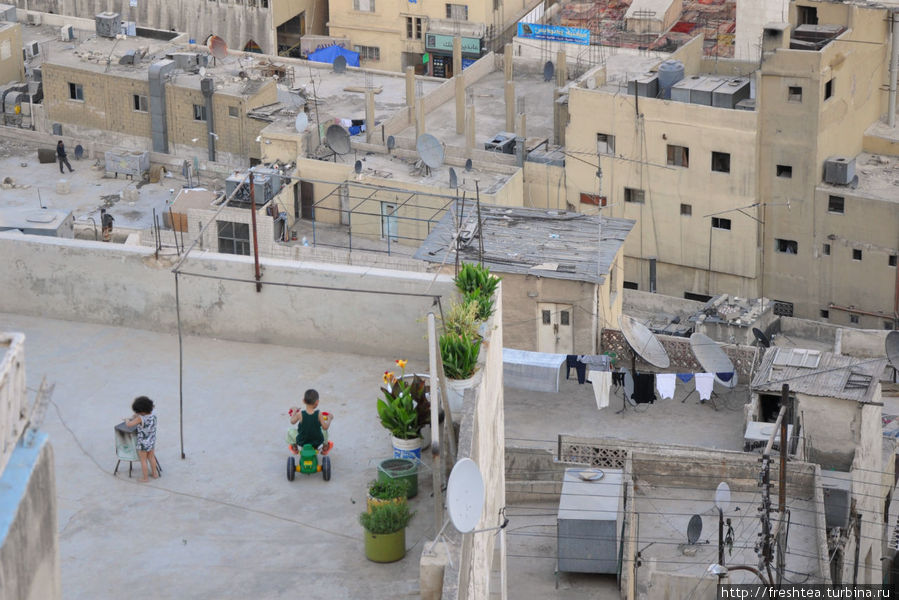 Стоит взглянуть вниз — и жизнь амманцев, будто на ладони: во двориках-крышах кипит жизнь. Они — и детская площадка, и места посиделок для женщин, и садик... Кадки с цветами смягчают суровый вид бетонных стен.