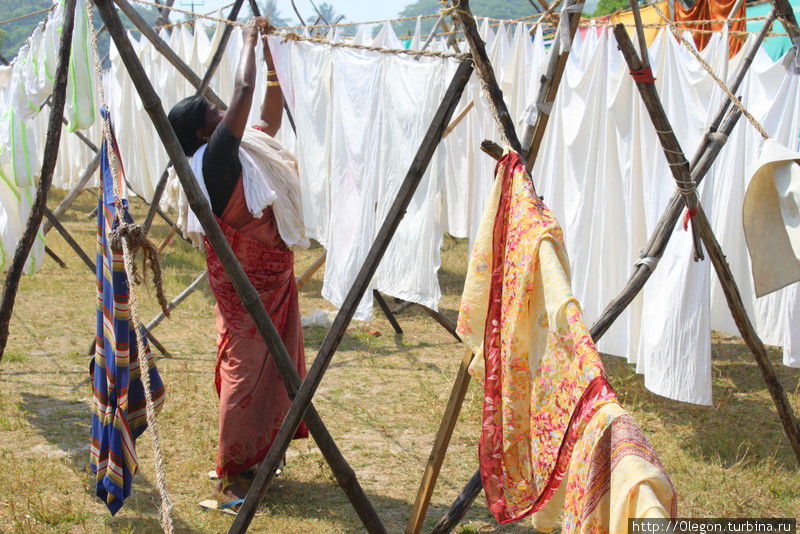 На сари требуется от пяти до десяти метров материи- для сушки требуется много верёвок Индия