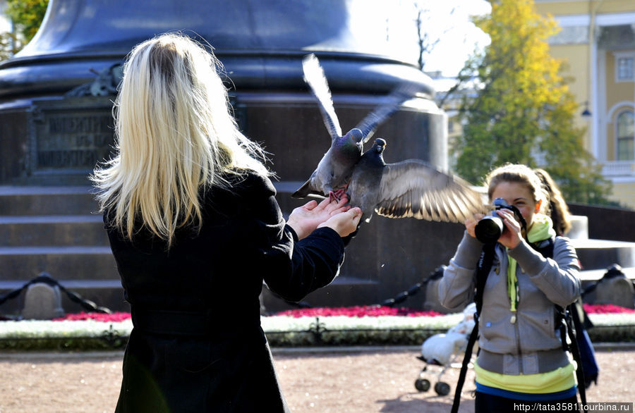 Развлечения людей и голубей в Екатерининском саду Санкт-Петербург, Россия