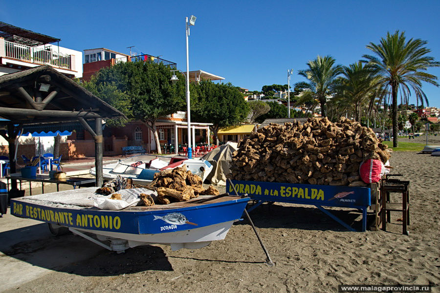 Прибрежные кафешки-рыбные ресторанчики, chiringuitos, по пятницам, субботам и воскресеньям жгут весь день-деньской дрова, когда-то бывшие оливковыми деревьями Малага, Испания