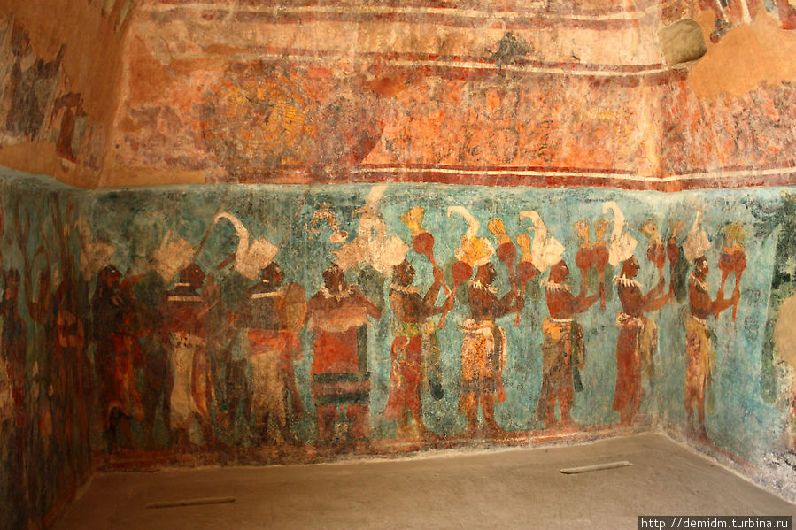Фреска, изображающая танцоров и музыкантов. Бонампак, Мексика